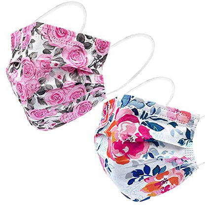 Disposable Safety Mask 3 Layer Protection Face Mask for Adults 50 pcs (Flower Print) - color: Flower Print