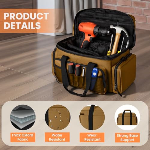 VJI Heavy Duty Tool Bag with Multi-Pockets, Portable Storage Bag with Large Zipper, Carrying Toolbag with Adjustable Shoulder Strap and Ergonomic Handle, Repairman, Carpenters, Handyman, Khaki - color: Khaki