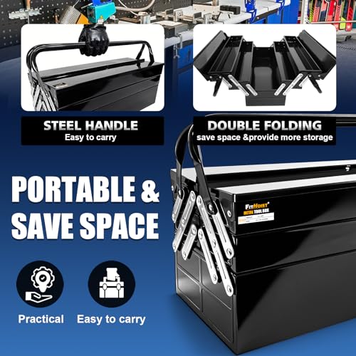 Metal Cantilever Tool Box, 3-Tier 5 Tray Fold Out Steel Tool Box with Handle, 22 inch Stack-able Portable Tool Storage Box Organizers Tool Chest for Household Factory Warehouse Repair Shop