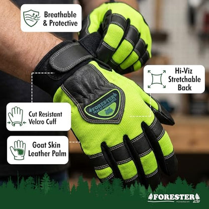 FORESTER Hi-Vis Chainsaw Gloves | Anti-Vibration Leather Safety Gloves for Chainsaw Work, Logging & Tree Cutting | Cut-Resistant Protection - size: Medium (Pack of 1)