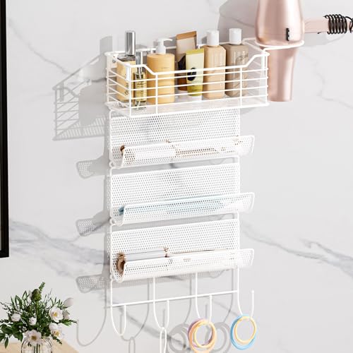 VITVITI Metal Hair Tool Organizer Wall Mount, Hair Dryer Holder with 4 Tier Shelf Basket Hooks, Bathroom Hairs Styling Tool Organizer for Curling Iron/Blow Dryer/Straightener, White - color: 5 Tiers White