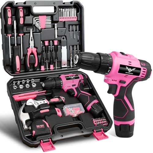 JENABOM Pink Tool Set - 12V Cordless Drill Kit, 151 Piece Home Tool Set With Power Drill, Tool Kits for Men & Women, Perfect for Homeowner, Diyer, Handyman - color: Pink