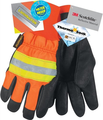 MCR Safety 34411L Luminator Grain Pigskin Waterproof Thermosock Lined Gloves with Wing Thumb, Black/Orange, Large, 1-Pair - size: Large