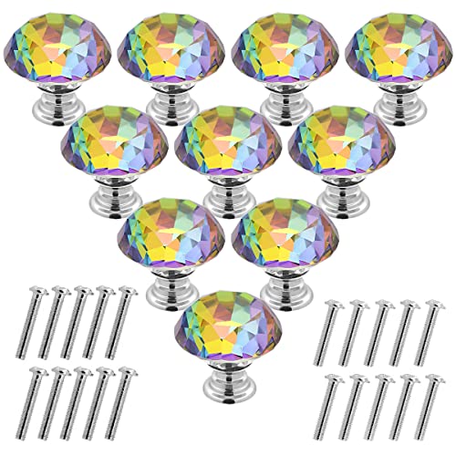 Akstore 10 Pcs Crystal Glass Cabinet Knobs 30mm Diamond Shape Drawer Kitchen Cabinets Dresser Cupboard Wardrobe Pulls Handles (Colorful) - color: Colorful
