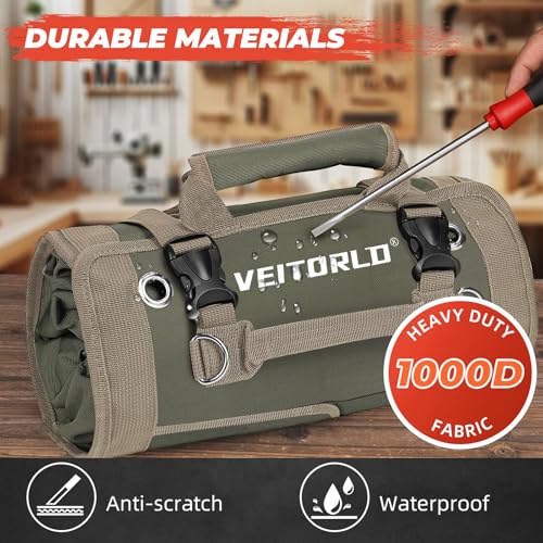 Tool Roll Up Bag, Gifts for Men Dad from Wife Daughter Fathers Day, Portable Tools Box Storage for Men, Heavy Duty Tool Organizer W/Detachable Pouches for Electrician Mechanic Carpenter - style: Roll-Khaki&green