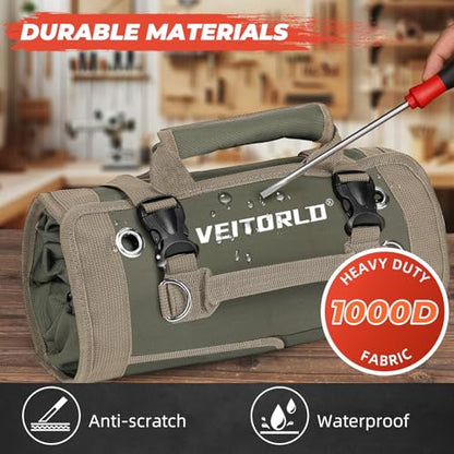 Tool Roll Up Bag, Gifts for Men Dad from Wife Daughter Fathers Day, Portable Tools Box Storage for Men, Heavy Duty Tool Organizer W/Detachable Pouches for Electrician Mechanic Carpenter - style: Roll-Khaki&green