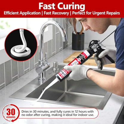 LISRUX Supreme Silicone Caulk for Kitchen & Bathroom, White, 10 fl oz Cartridge, 1 Pack - 100% Waterproof Silicone Sealant, Stronger Adhesion, Shrink & Crack Proof - size: 1P, style: White