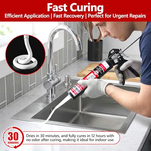 LISRUX Supreme Silicone Caulk for Kitchen & Bathroom, White, 10 fl oz Cartridge, 24 Pack - 100% Waterproof Silicone Sealant, Stronger Adhesion, Shrink & Crack Proof - size: 24P, style: White