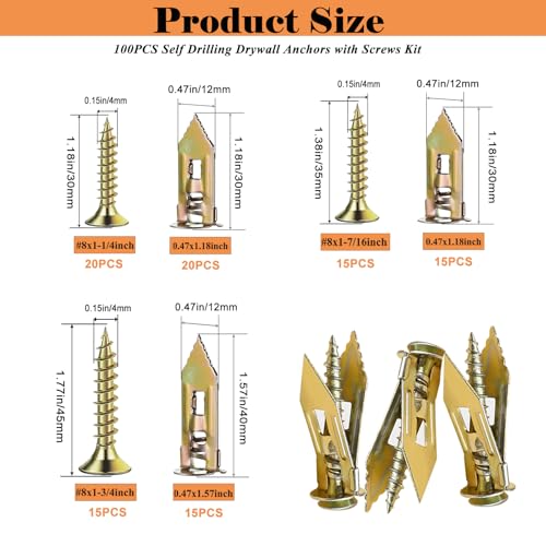 100 PCS Self Drilling Drywall Anchors with Screws Kit - 2 Sizes Sheetrock Anchors & 3 Sizes Zinc Expansion Screws,2025 Upgraded Zinc Plated Steel,No Drill Needed, Holds Up to 66LB on Walls - size: KIT-100PCS