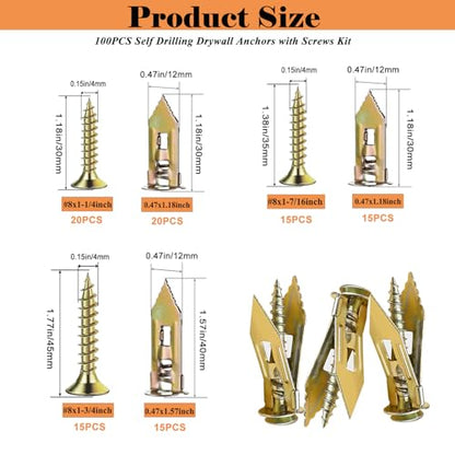 100 PCS Self Drilling Drywall Anchors with Screws Kit - 2 Sizes Sheetrock Anchors & 3 Sizes Zinc Expansion Screws,2025 Upgraded Zinc Plated Steel,No Drill Needed, Holds Up to 66LB on Walls - size: KIT-100PCS