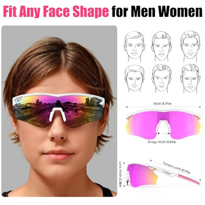 Polarized Sports Sunglasses for Men Women,Wrap Around Sun Glasses for Running Cycling Baseball Fishing Golf Hiking - color: White Pink