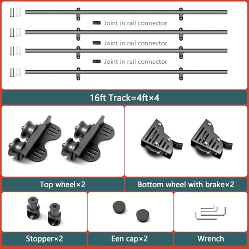 16FT Sliding Library Ladder Hardware Kit, Black Retractable Rolling with Braking Casters, Adjustable to Stand Upright, MAX Load 300lbs，No Ladder - size: 16FT ladder kit