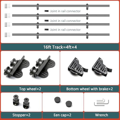 16FT Sliding Library Ladder Hardware Kit, Black Retractable Rolling with Braking Casters, Adjustable to Stand Upright, MAX Load 300lbs，No Ladder - size: 16FT ladder kit