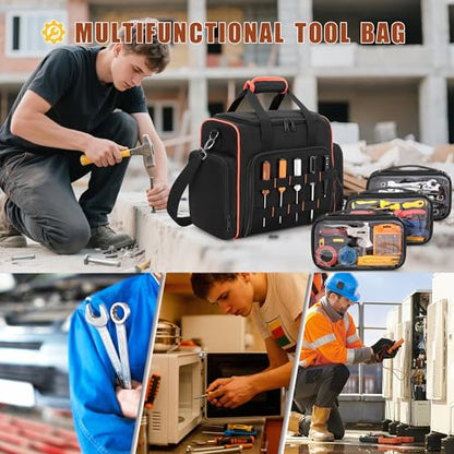 Marscamd Tool Bag with 3 Removable Cases, 2 Layers Tool Tote for Hand Tools, Black with Red Binding - color: Black with Red Binding