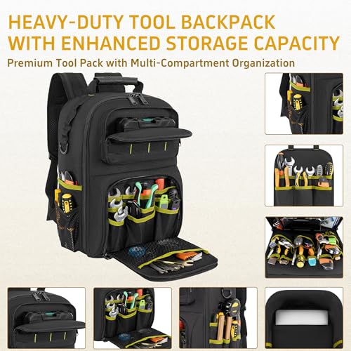Backpack Tool Bag with Movable Base Plate, Heavy Duty Tool Storage with Removable Tool Organizer, Durable Water Resistant for Electricians & Home Repair-Version 4.0- Black&Yellow - color: Black&Yellow