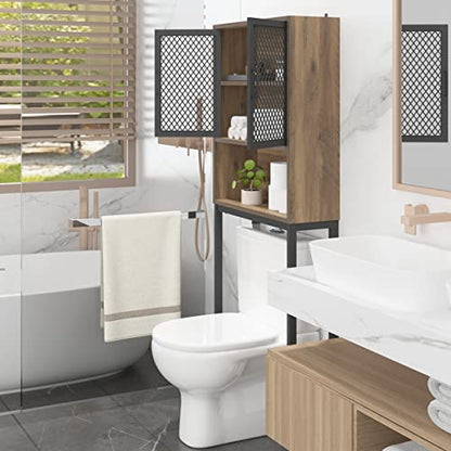 Launica Bathroom Organizer Over Toilet, Over The Toilet Storage Cabinet, Wood Metal Bathroom Space Saver Stand Behind Toilet, Industrial Freestanding Rack Above Toilet with Shelf, Rustic Oak - color: Rustic Oak