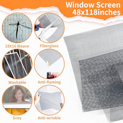 King&Charles Window Screen Door Repair/Replacement Kit, Include Gray Screen Mesh 48"x118"+ 2 Roller+50Ft Spline+8Clips+Hook, 6 in 1 Window Mesh Kit, Steel/Nylon Bearing Roller - color: Gray, size: 48"×118" Kit