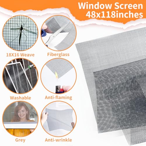 King&Charles Window Screen Door Repair/Replacement Kit, Include Gray Screen Mesh 48"x118"+ 2 Roller+50Ft Spline+8Clips+Hook, 6 in 1 Window Mesh Kit, Steel/Nylon Bearing Roller - color: Gray, size: 48"×118" Kit