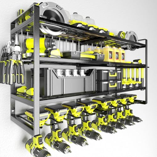 KAFAHOM Power Tool Organizer-8 Drill Holder Wall Mount,4 Layer Heavy Duty Metal Power Tool Storage Rack,Garage Tool Organizer and Storage with Screwdriver Holder/Plier Holder/Hammer Holder - color: black, size: 4-Layer 8-Drill Cordless