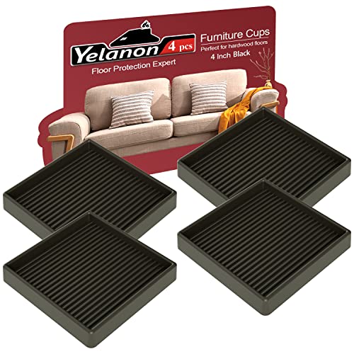 Yelanon Furniture Coasters 4 Pcs 4” Furniture Caster Cups - Non Slip Furniture Pads Hardwoods Floors - Non Skid Grippers Rubber Furniture Feet Anti Slide Floor Protector for Bed Couch Stoppers Black - color: 4pcs4"square Black