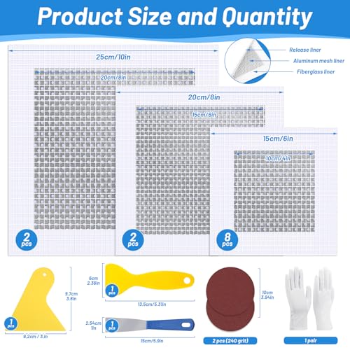 12 PCS 4/6/8 Inch Wall Repair Patch Kit, Aluminum Mesh Dry Wall Hole Repair Patch with Scraper Sandpapers Gloves Heavy Duty Wall Repair for Large Holes Quick Fixes - color: 12 PCS 4/6/8inch Wall Repair Patch Kit