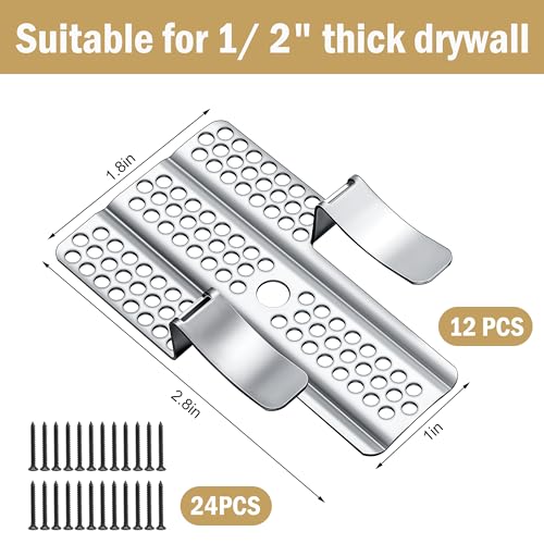 moonoom 12 Pack Drywall Repair Clips, 1/2 inch Drywall Fastener Clip with 24 Screws, Stainless Steel Wall Patch Clips for Damaged Walls Repairing - color: 12 Pcs