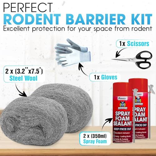 [Upgraded] Rodent Barrier Kit, 2Pcs Steel Wool Included 2Pcs PU Spray Foam for Mice Control, 3.2"x7.5’ Rodent Control Fill Fabric, Gloves, Scissors, Gap Blocker in Hole Pipeline Vent in House, Garage - style: 2Pcs Steel Wool + 2Pcs Spray Foam