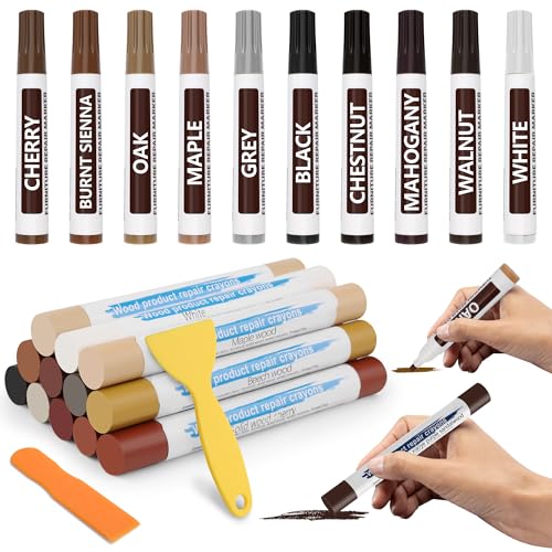 22 Colors Wood Filler Sticks, Windspeed 10 Color Furniture Repair Wax Sticks 10 Color Wood Touch-Up Markers Putty Stick for Furniture Scratches, Holes in Baseboards Tables with 2 Scrapers