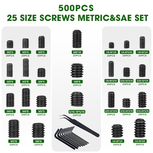 500 Pcs 25 Size Black Set Screw Assortment Kit, Alloy Steel Set Screws for Bathroom Fixtures Door Handles (M3-M8, 1/8"-40 to 5/16"-18)