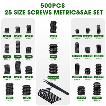 500 Pcs 25 Size Black Set Screw Assortment Kit, Alloy Steel Set Screws for Bathroom Fixtures Door Handles (M3-M8, 1/8"-40 to 5/16"-18)
