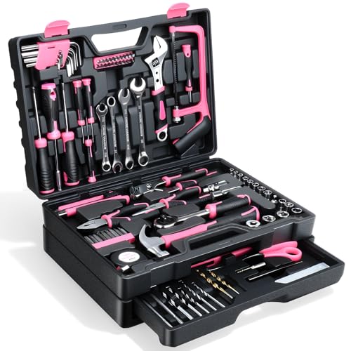 Tool Set- 412 Piece Home Repair/Auto Tool Kit, Storage Organizer with Drawers, Toolbox Storage Case for Women & Men, Perfect for Homeowner, Diyer, Handyman, DIY - color: Pink