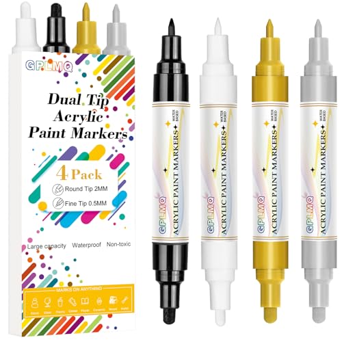 4 Pack Dual Tip Acrylic Paint Markers Pens (0.7mm & 3mm), Non-Toxic, Water-Based Pen for Art Painting, Stone, Ceramic, Glass, Wood, Fabric, Metal, DIY Crafts (4 Colors) - color: 4 Colors