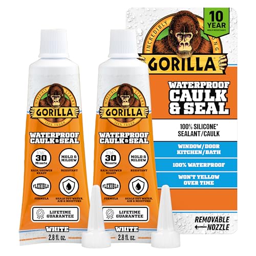 Gorilla 100% Silicone Caulk, Waterproof Sealant, 2.8oz Squeeze Tube (Pack of 2) – White -10 Year Mold Resistant Kitchen, Window, Bath, Marine, Door and More - color: White, size: 2 - Pack