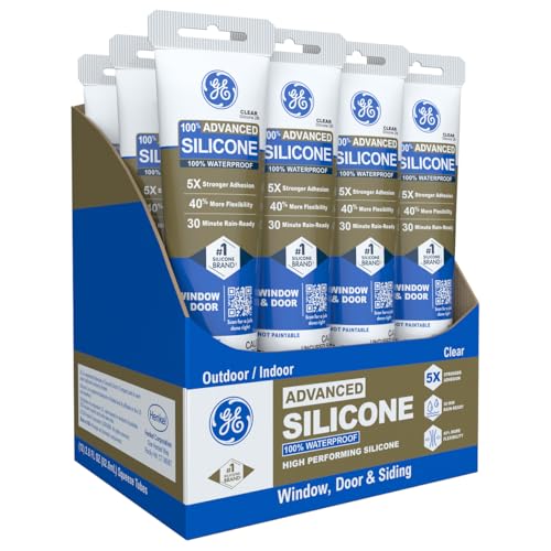 GE Advanced Silicone Caulk for Window & Door, Clear, 2.8 fl oz Tube, 12 Pack - 100% Waterproof Silicone Sealant, 5X Stronger Adhesion, Freeze & Sun Proof - color: Clear, size: Pack of 12