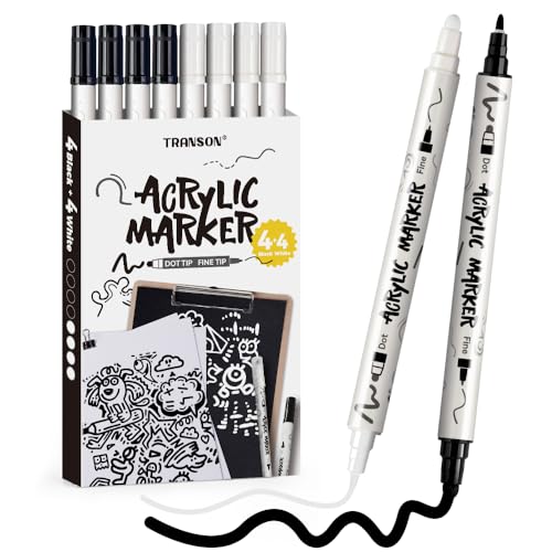 TRANSON 4 Black and 4 White Paint Markers Bold and Fine Dual-tip Acrylic Paint Marker Set for Rock Painting Glass Canvas Wood Leather Ceramic Painting - color: 4 Black and 4 White