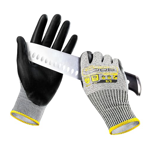 COOLJOB 12/120 Pairs Cut Resistant Safety Work Gloves with Grip, 13 Gauge Seamless Shell with PU Coating, ANSI A2 A4 A6, Gray - size: Large (Pack of 12), style: Ansi A6 Cut Level