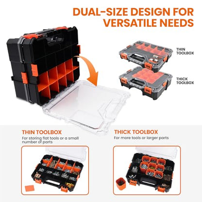 2PC Interlockable Tool Organizer, Toolbox with Adjustable Dividers & Bins & Transparent Lids Portable Hardware Storage Box for Screws, Nuts, Fishing Accessories (Black&Orange) - style: 2 PC Interlockable Organizer