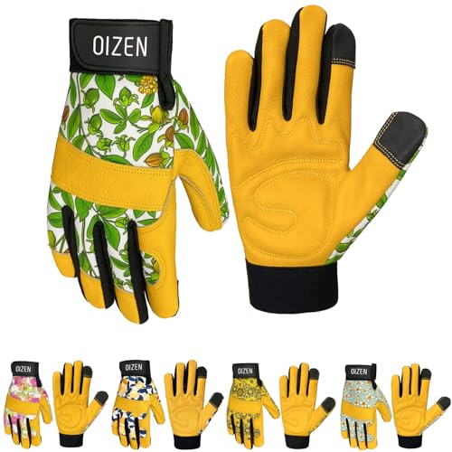 Cowhide Leather Thorn Proof & Puncture Resistant Gardening Gloves for Women, Touchscreen Compatible Working Gloves for Weeding, Digging, Planting, Gardening Gifts for Women (Green bellflowers, Medium) - color: Yellow With Green Bellflowers, size: Medium