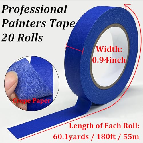 Blue Painters Tape, 20 Rolls Premium Masking Master Tape Painter Tape, Craft Adhesive Paint tape for Walls Painting, DIY Crafts Arts, Scrapbooking, Decoration, 1202yds=20*0.94in*60.1yds, Easy Removal - size: 20 Rolls, 0.94" x 60.1 Yds