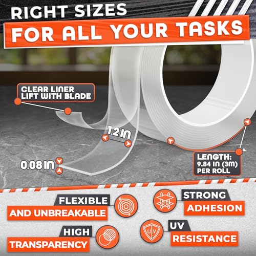 Clear Double Sided Tape Heavy Duty - Acrylic Adhesive 9.84 Ft x 1.2" with 2.2 Lb Hold, Removable No Residue, Weather Resistant - Strong Two Sided Tape Heavy Duty for Wood, Glass, Metal & DIY Projects - size: 9.84 Ft × 1.2"