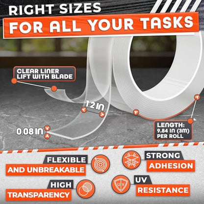 Clear Double Sided Tape Heavy Duty - Acrylic Adhesive 9.84 Ft x 1.2" with 2.2 Lb Hold, Removable No Residue, Weather Resistant - Strong Two Sided Tape Heavy Duty for Wood, Glass, Metal & DIY Projects - size: 9.84 Ft × 1.2"