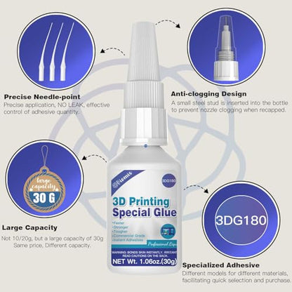 3D Printing Super Glue, Ultra-Thin Capillary Adhesive for PLA ABS PETG TPU, Professional Instant Bond for Micro Gaps & Seamless Post-Processing, Heat Resistant & Clear Finish, 30g - size: 30g*1, style: 3D Printing Glue