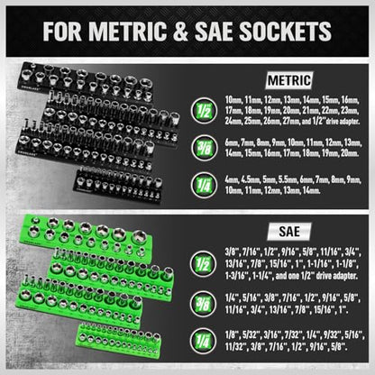 Magnetic Socket Organizer Holder Tool: 8PCS Set includes 2PCS 1/4", 4PCS 3/8", 2PCS 1/2" Drive Socket Storage Trays Toolboxs, Holding 199 Slots Soft Rubber Covering Black Green (sockets not included) - style: 8PCS Green/Black