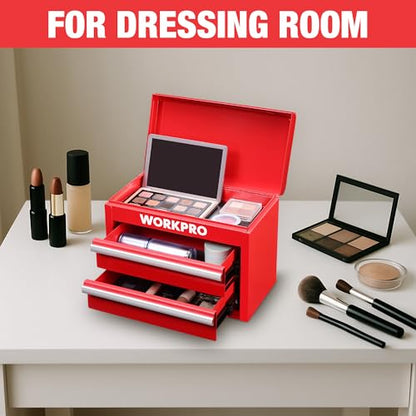 WORKPRO Metal Mini Tool Box, Top Tool Chest containing Two Drawers with Ball Bearing Slides, PVC Drawer Liners and PP Feet Pads, Durable Cold Rolled Steel Small Toolbox for Multi-Purpose Storage - color: Red