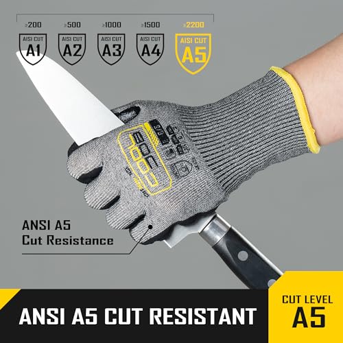 COOLJOB ANSI A5 Cut Resistant Gloves 12 Pairs, Nitrile Rubber Dipped Safety Work Gloves for Men, Knife Proof with Grip Coating for Construction Warehouse Glass Wood Work, Grey Large - size: Large, style: A5 Pack of 12