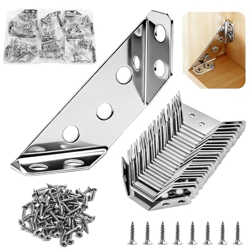 24-Pack Premium Stainless Steel Corner Brackets for Wood, Heavy Duty Furniture Corner Connectors Braces for Cabinets, Tables, Chairs, Drawers Universal Metal Triangle Brackets with 144 Screws