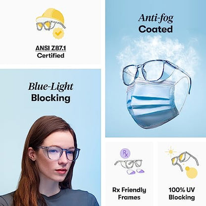 Stoggles Rectangle Z87.1 Certified Safety Glasses, Blue-Light, UV Blocking Lens, Top & Side Shield, Anti-Fog, Stylish Eyewear - color: Lilac, size: Medium Low Bridge Fit