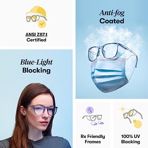 Stoggles Rectangle Z87.1 Certified Safety Glasses, Blue-Light, UV Blocking Lens, Top & Side Shield, Anti-Fog, Stylish Eyewear - color: Lilac, size: Medium Standard Fit