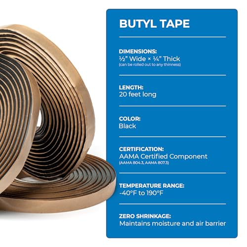 Second Skin Butyl Tape – 20 Roll (20ft x 1/2” x 1/4”) | Black Butyl Sealant Tape for RV, Auto, Marine, Headlight Repair, Window Glazing Tape | Weatherproof & Waterproof, Indoor & Outdoor, Made in USA - size: 20 Butyl Tape