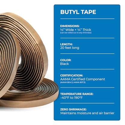 Second Skin Butyl Tape – 20 Roll (20ft x 1/2” x 1/4”) | Black Butyl Sealant Tape for RV, Auto, Marine, Headlight Repair, Window Glazing Tape | Weatherproof & Waterproof, Indoor & Outdoor, Made in USA - size: 20 Butyl Tape